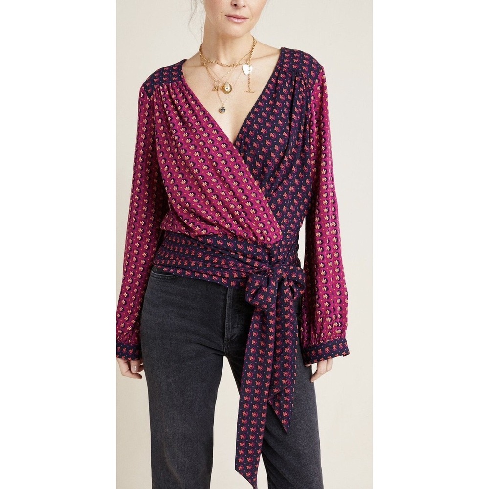 Maeve Anthropologie Lisa Mixed Floral Wrap Blouse Pink Navy V-Neck Top Size 6